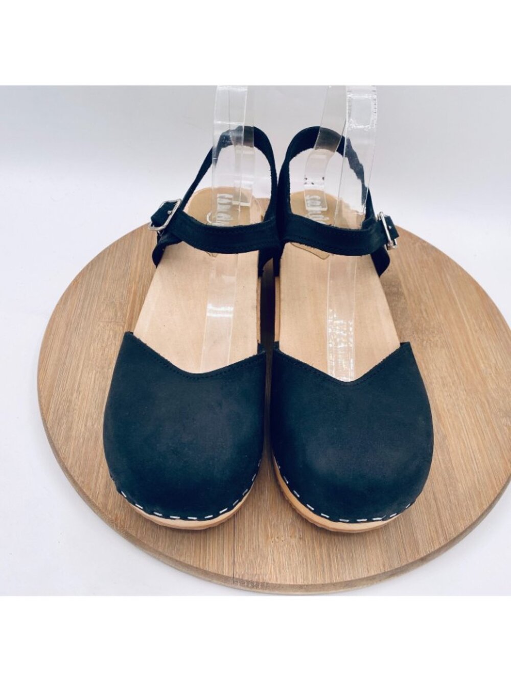 Sandgrens Swedish Wooden Clogs Womens 9 40 Black Leather Mary Jane Handmade - Picture 2 of 12